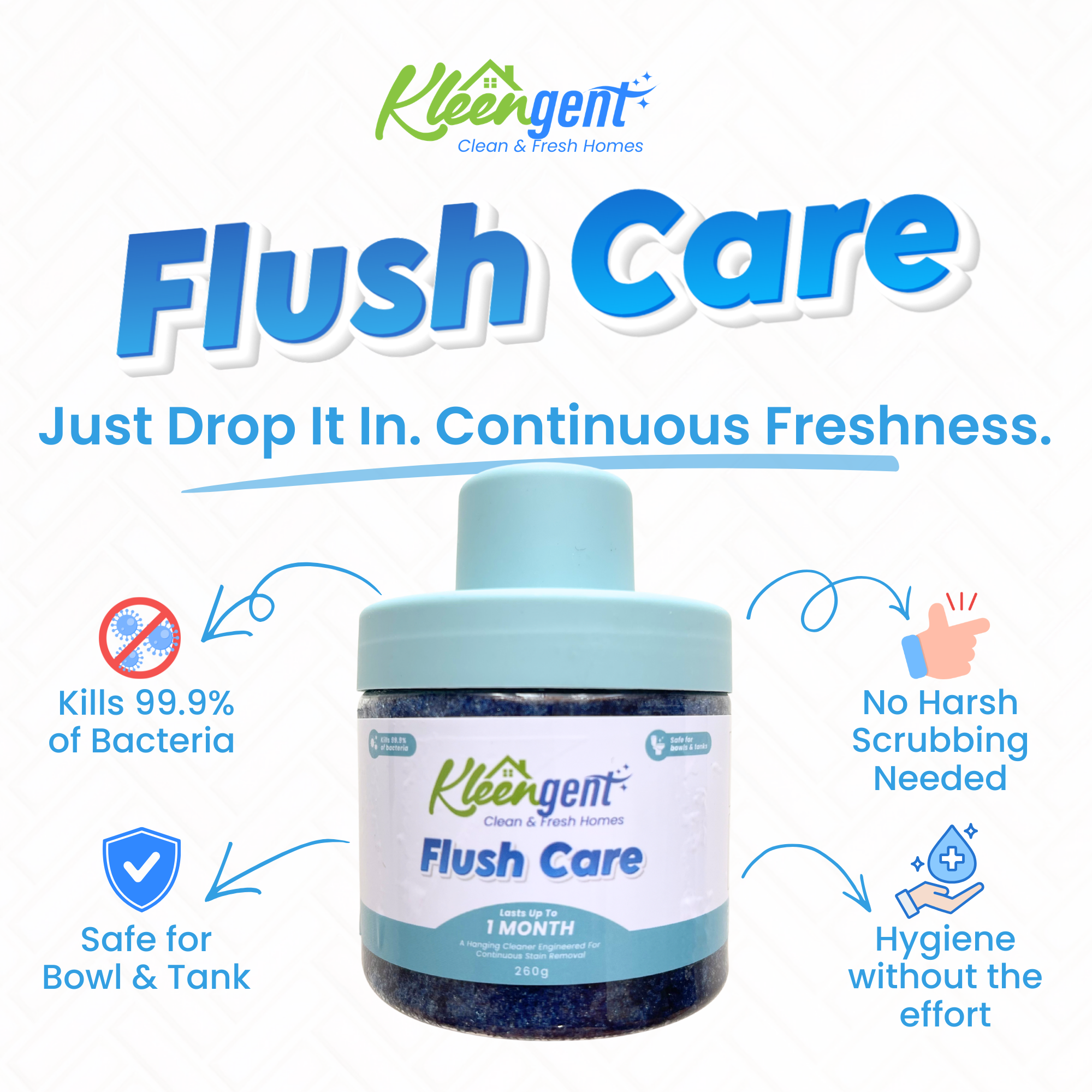 Kleengent Automatic Toilet Bowl Cleaner Flush Care | Odor Control | Safe for Bowl & Tank