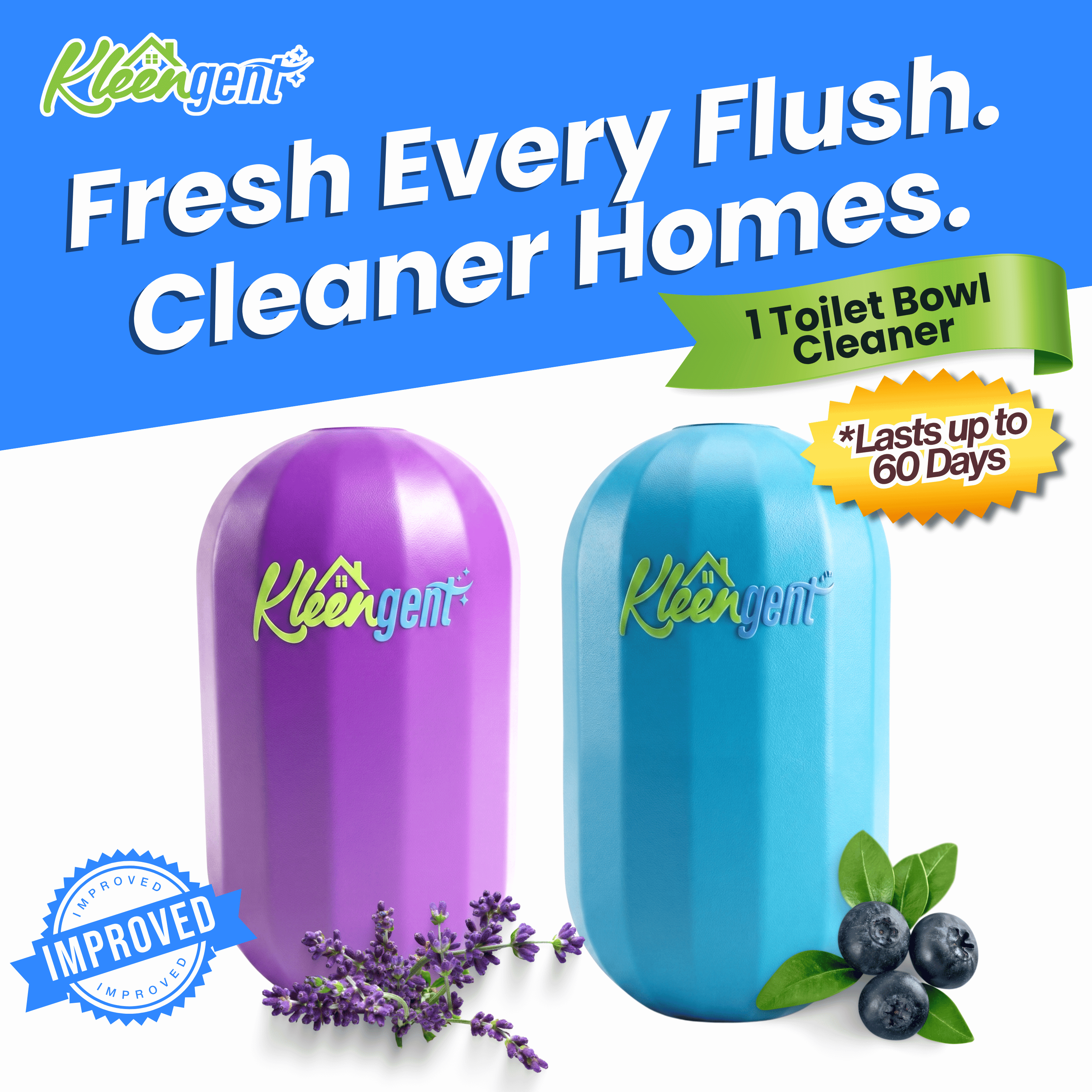 Kleengent Ever Fresh – NEW & IMPROVED Automatic Scented Toilet Bowl Cleaner  –  Blueberry + Lavender