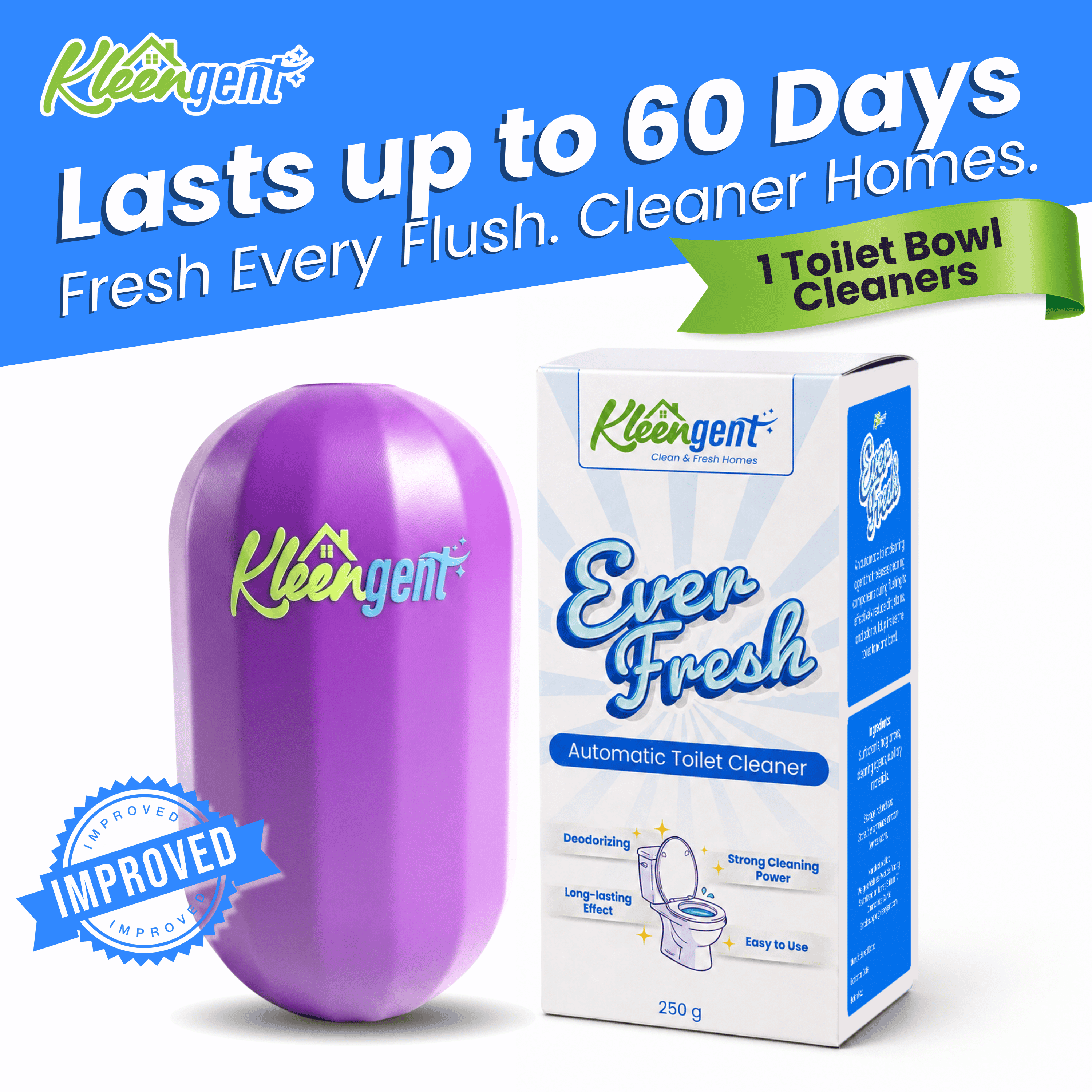 Kleengent Ever Fresh – NEW & IMPROVED Automatic Scented Toilet Bowl Cleaner  –  Blueberry + Lavender