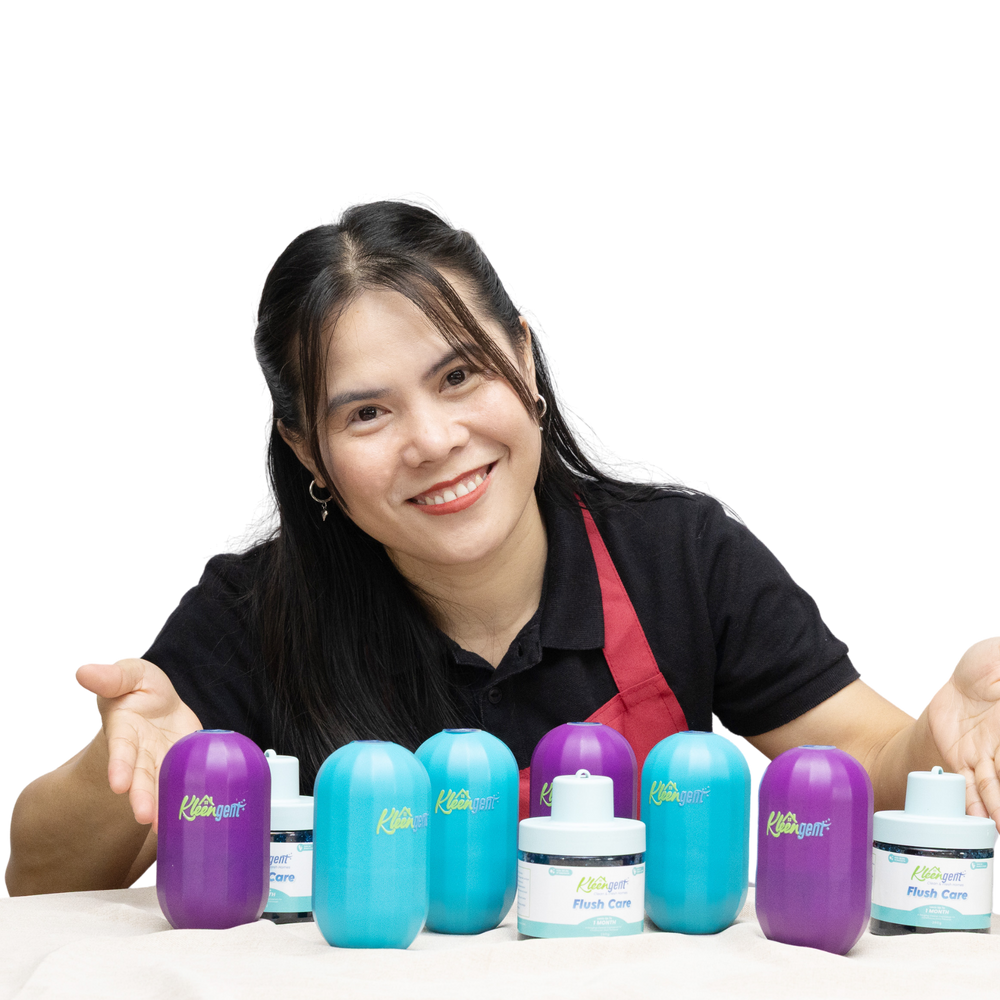 Woman presenting Flush Care products